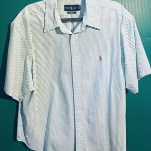 Ralph Lauren Classic Fit Shirt XXL Green White Stripe Short Sleeve Button Down